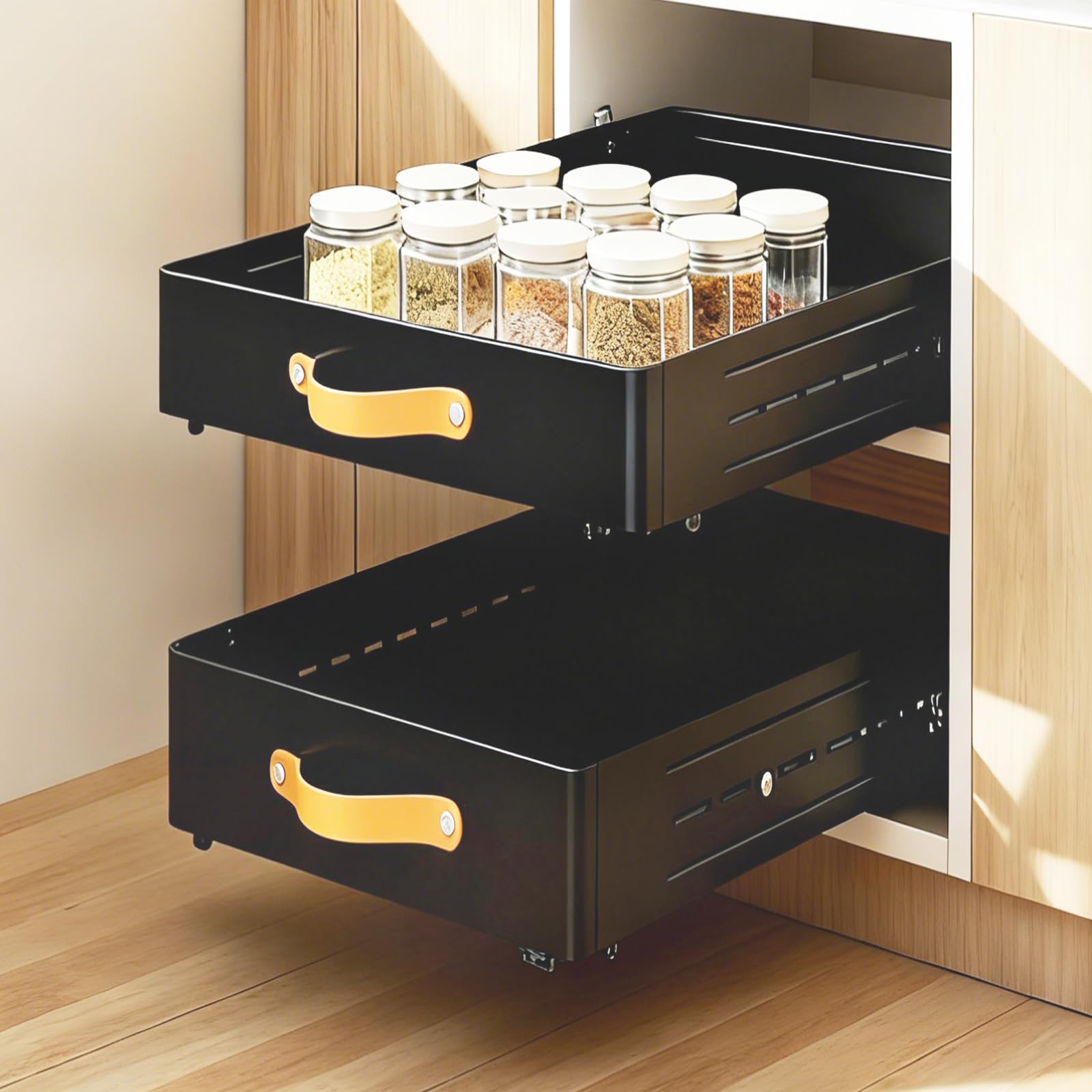 Teleskopschublade - Tiefe Einstellbar 41-60CM Tief x 25CM Breite x 7.8CM Höhe, Ausziehbare Schublade Küche Große Metall Slide Out Organizer Mit Griff, Organizer Ausziehbar Für Küche Badezimmer Schwarz