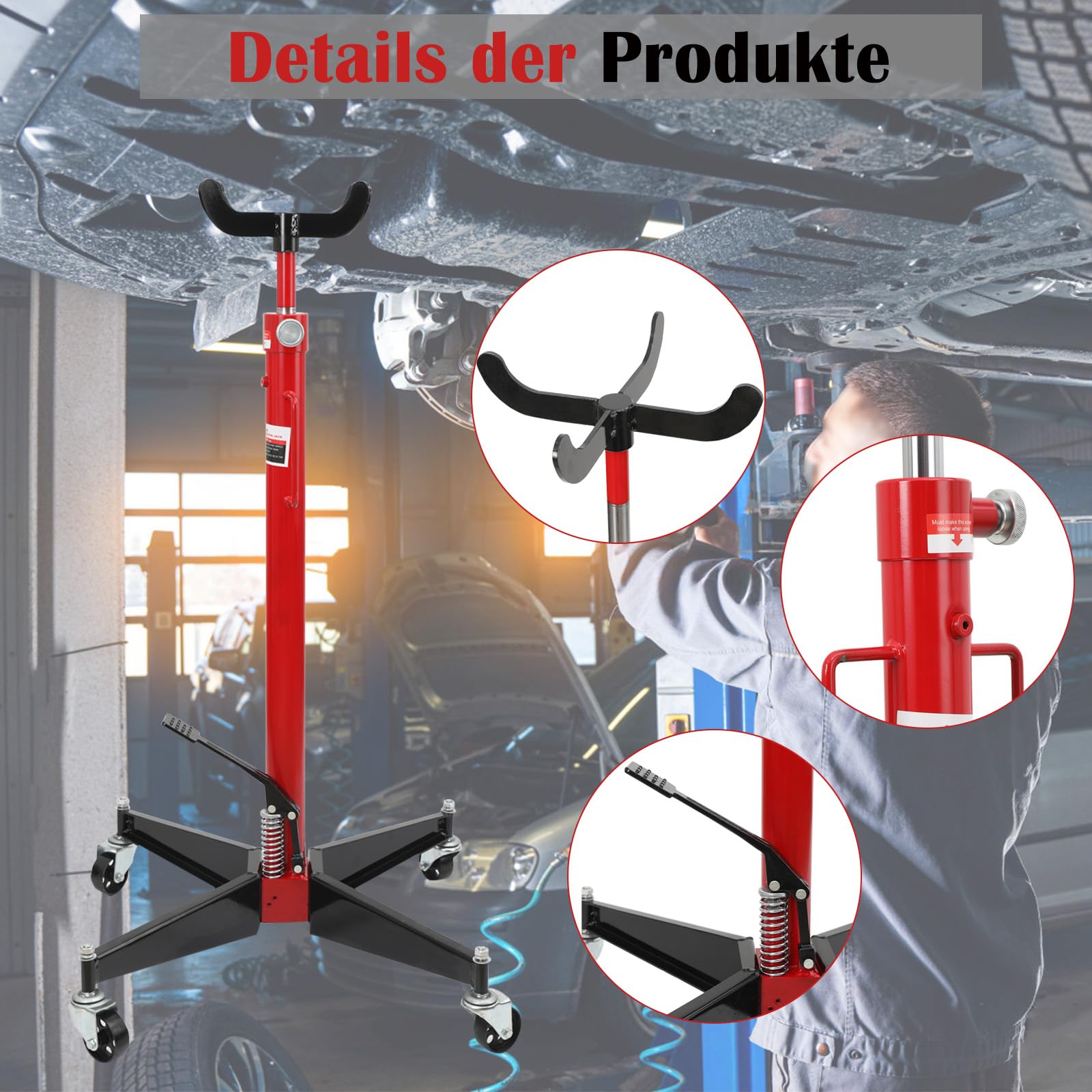 Getriebeheber hydraulisch | 0.5T Motorheber | Arbeitshöhe 113-186 cm | mit 4 Lenkrollen| regulierbar | hydraulik | rot