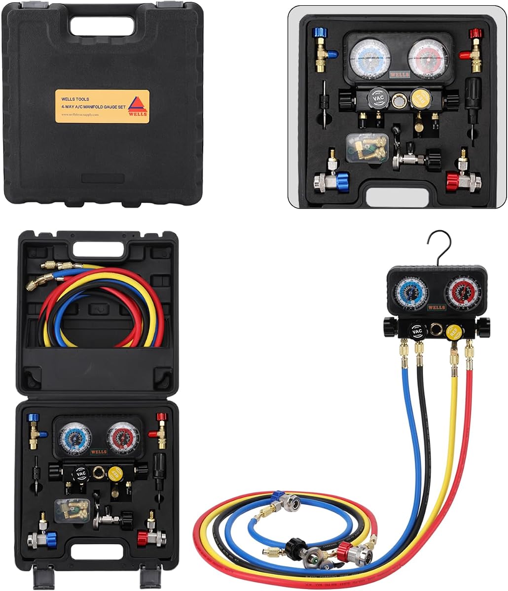 Wells AC Gauge Set HVAC Tools R410a R134a R32 R22 Refrigerant for Home 4 Way AC Diagnostic Manifold Gauge Set with 5ft Hoses, Couplers Puncture, Can Tap, Works on Car Freon Charging and Evacuation
