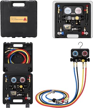 Wells AC Gauge Set HVAC Tools R410a R134a R32 R22 Refrigerant for Home 4 Way AC Diagnostic Manifold Gauge Set with 5ft Hoses, Couplers Puncture, Can Tap, Works on Car Freon Charging and Evacuation