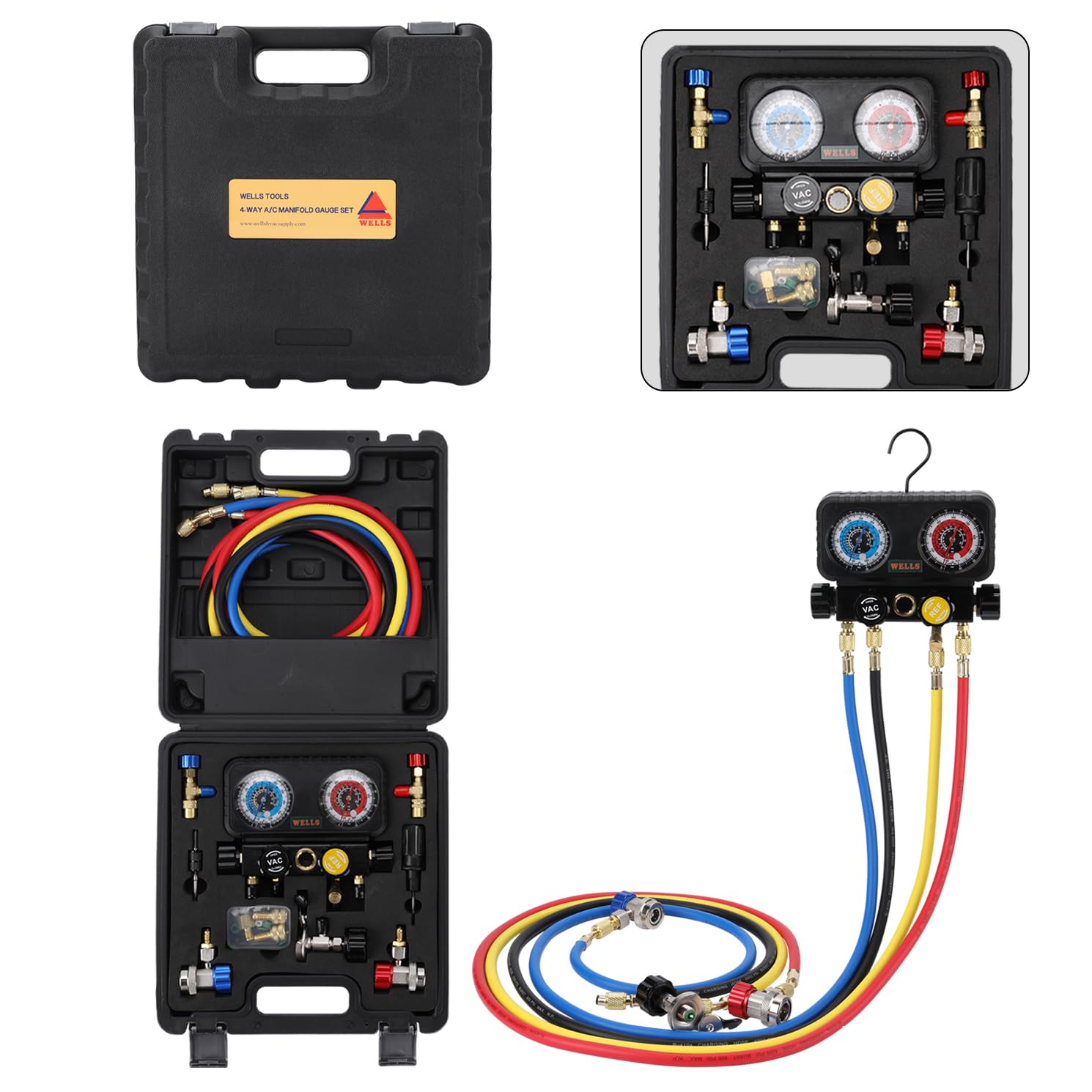 Wells AC Gauge Set HVAC Tools R410a R134a R32 R22 Refrigerant for Home 4 Way AC Diagnostic Manifold Gauge Set with 5ft Hoses, Couplers Puncture, Can Tap, Works on Car Freon Charging and Evacuation