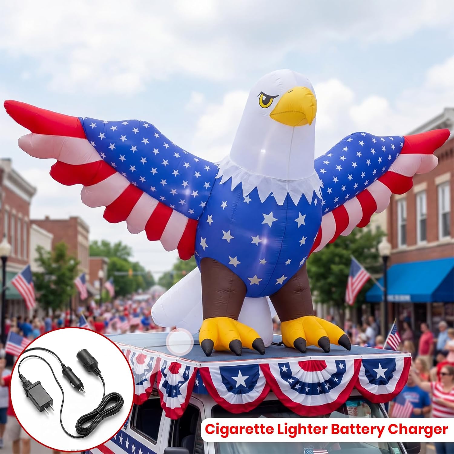 10FT Long Inflatable American Eagle 2-in-1 Decorations, 4th of July Parade Float Decorations & Golf Cart Decoration, Patriotic Blow Up Lighted Inflatable Eagle for Outdoor Yard Lawn