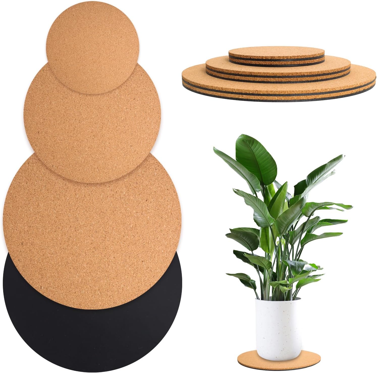 Fumwase 6 Pcs 3 Sizes Cork Plant Coasters 4/6/8 Inch Cork