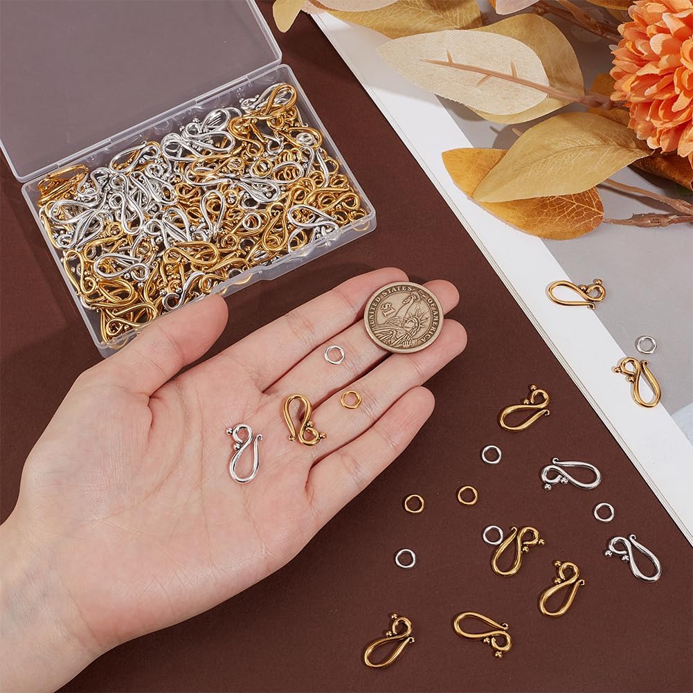 PH PandaHall 100 Sets 2 Colors S Hook Ring Clasps Tibetan S Hook Eye Clasp Metal Toggle Clasps Jewelry Connectors for Jewelry Making Necklace Bracelet DIY Crafts, Antique Golden/Antique Silver
