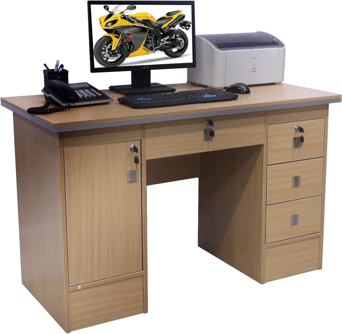 Computer Desk For Home Office PC Table in Beech, Black White and Walnut Clr With 3 Locks (Beech Desk 617/110)