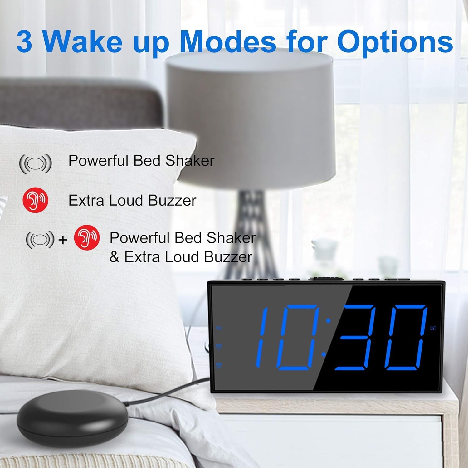 Mesqool Vibrating Alarm Clock displaying three wake-up options: powerful bed shaker, extra loud buzzer, or both.