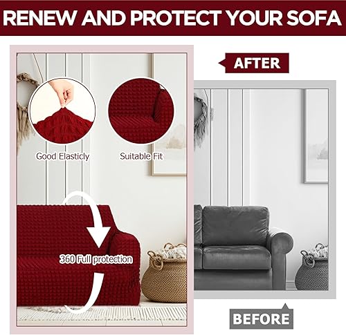 Miniatura 5 de Juego de 2 fundas de sofá para silla, color burdeos, fundas para sofá, fundas elásticas y lavables, protectores de muebles para sofá biplaza grande,