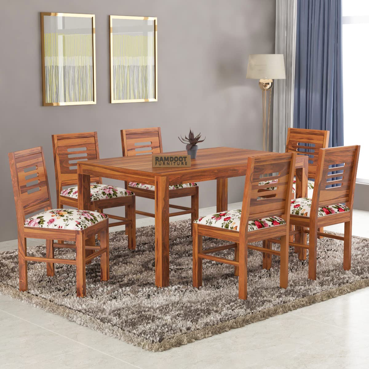 Ramdoot Furniture Solid Sheesham Wood Dining Table Set 6 Seater | Six Seater Dining Table 6 Seater with 6 Cushion Chairs for Living Room | 6 Seater Dining Set for Hotel Restaurant | Dinning Set |Honey