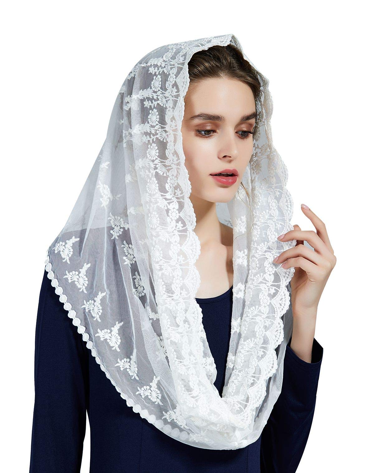Women Lace Mantilla Catholic Church Chapel Veil Infinity Formal Head Cover Scarf For Latin Mass Communion White Black V108