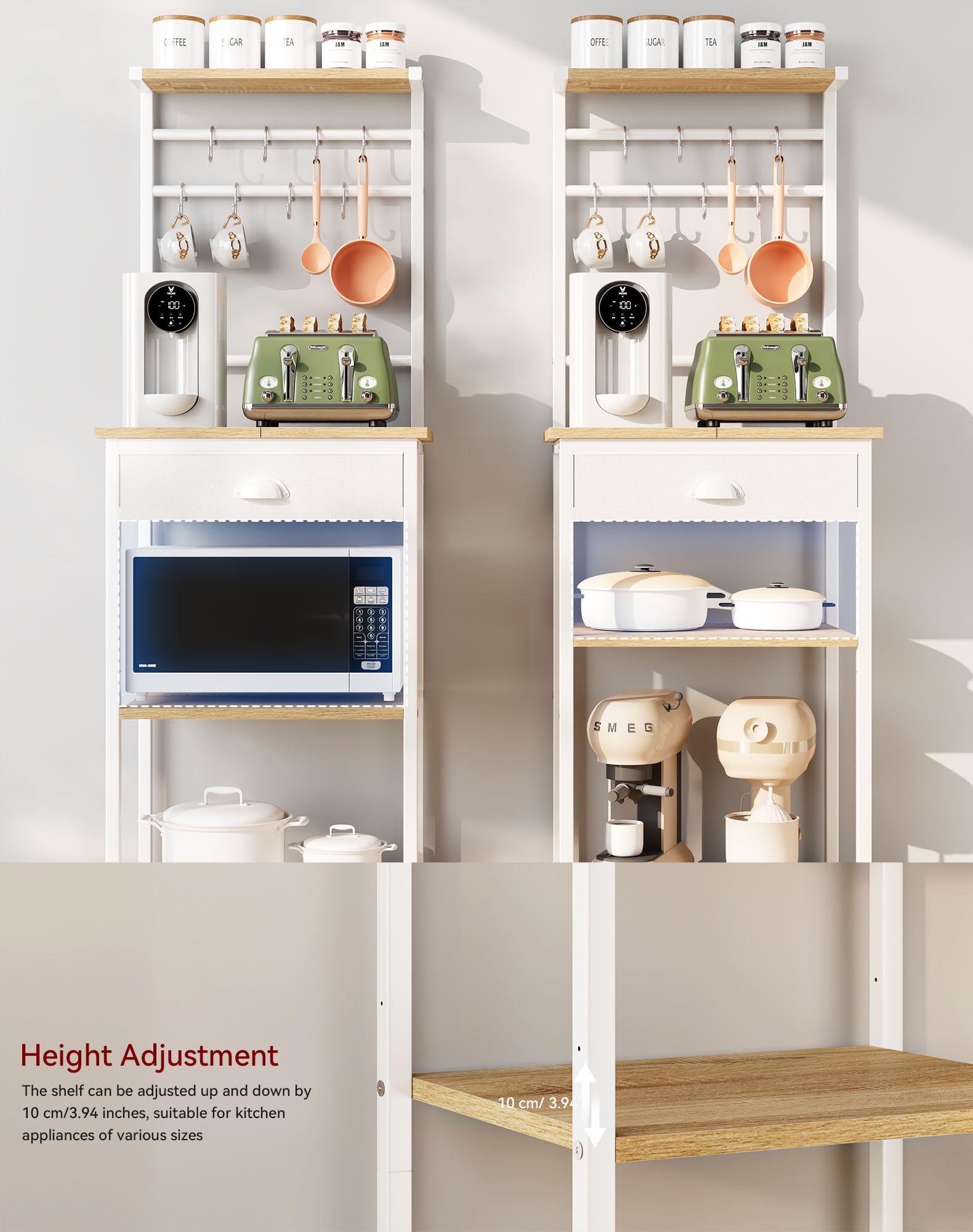 YMYNY Étagère de Cuisine, Porte-Café en Bois à 5 Niveaux, Rangement pour Machine à Café, Organisateur avec 8 Crochets, Tiroirs en Tissu, pour Salon, Bureau, Naturel HBR009R