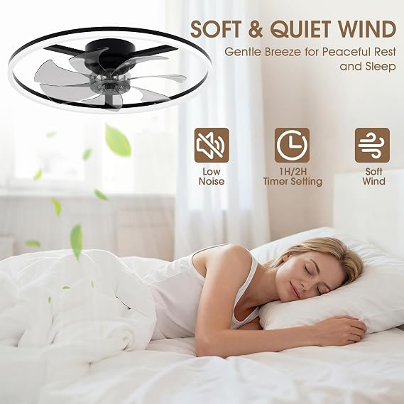 NIORSUN Ceiling Fans with Lights and Remote, 6 Speeds and 3000K-6500K Dimmable Quiet Ceiling Fan Lights, 60cm 5000LM Modern Smart LED Ceiling Fan Light for Bedroom Living Room Dining Room (Black) [Energy Class E]