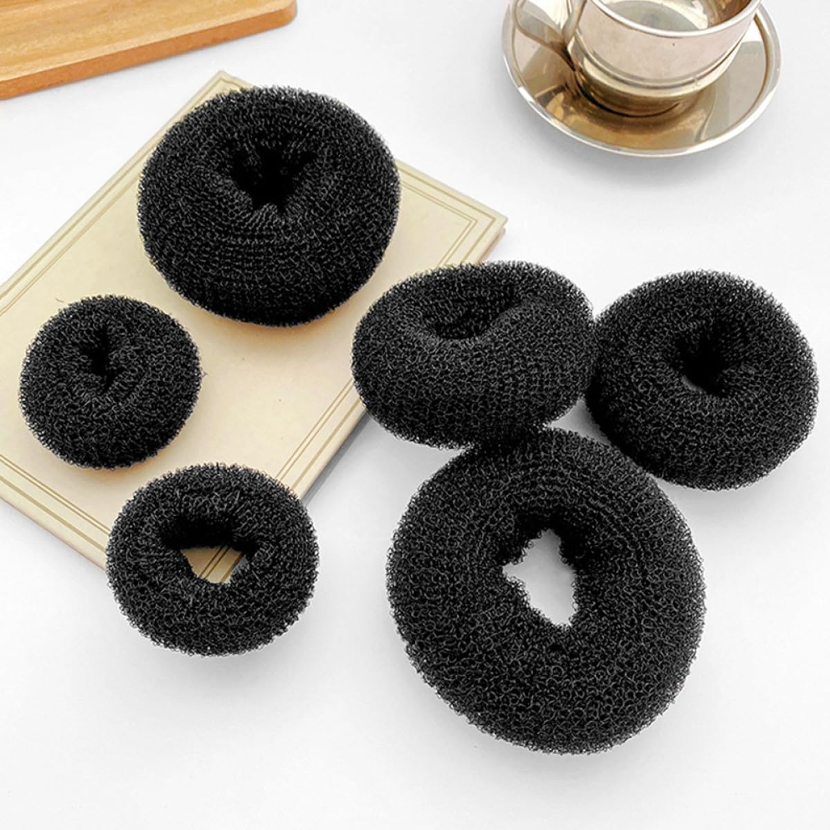 12pcs Hair Bun Makers Donut Hair Rings for Women Medium Size Beige Black Brown Shades Easy Bun Shaper for Everyday Styling and Work Use