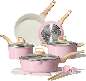 CAROTE 14 Pcs Ceramic Cookware Set, Pots and Pans Set Non Stick with Ceramic Coating, Induction Kitchen Sets, Pink