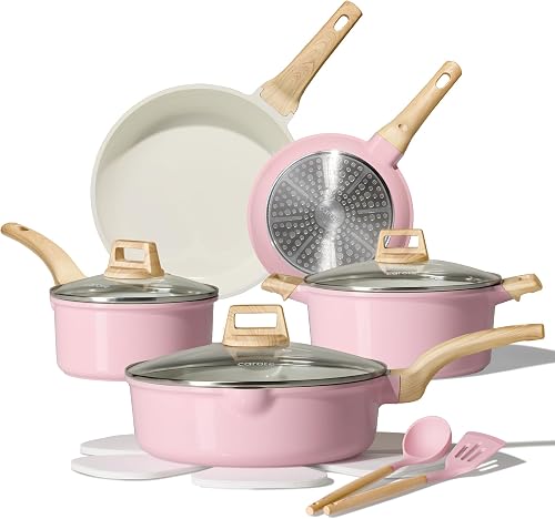 CAROTE Ceramic Cookware Set, 14 PCS Pots and Pans Set Non Stick, Pot and Pan Set with Frying pan, Induction Ready Cooking Set for Kitchen, PFOS/PFOA/PFAS Free, Pink