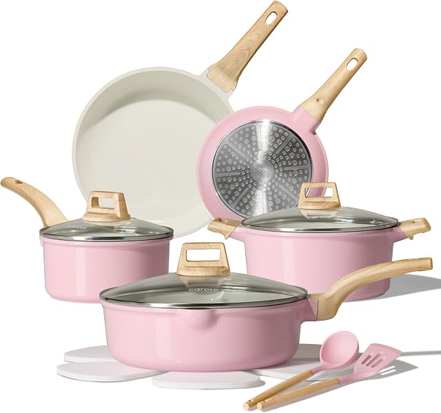 CAROTE 14 Pcs Ceramic Cookware Set, Pots and Pans Set Non Stick with Ceramic Coating, Induction Kitchen Sets, Pink