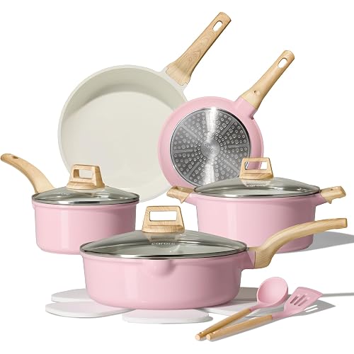 CAROTE Ceramic Cookware Set, 14 PCS Pots and Pans Set Non Stick, Pot and Pan Set with Frying pan, Induction Ready Cooking Set for Kitchen, PFOS/PFOA/PFAS Free, Pink