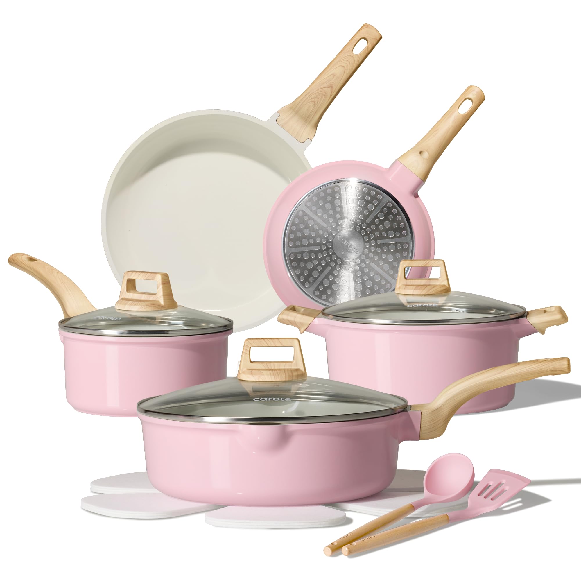 CAROTE Ceramic Cookware Set, 14 PCS Pots and Pans Set Non Stick, Pot and Pan Set with Frying pan, Induction Ready Cooking Set for Kitchen, PFOS/PFOA/PFAS Free, Pink