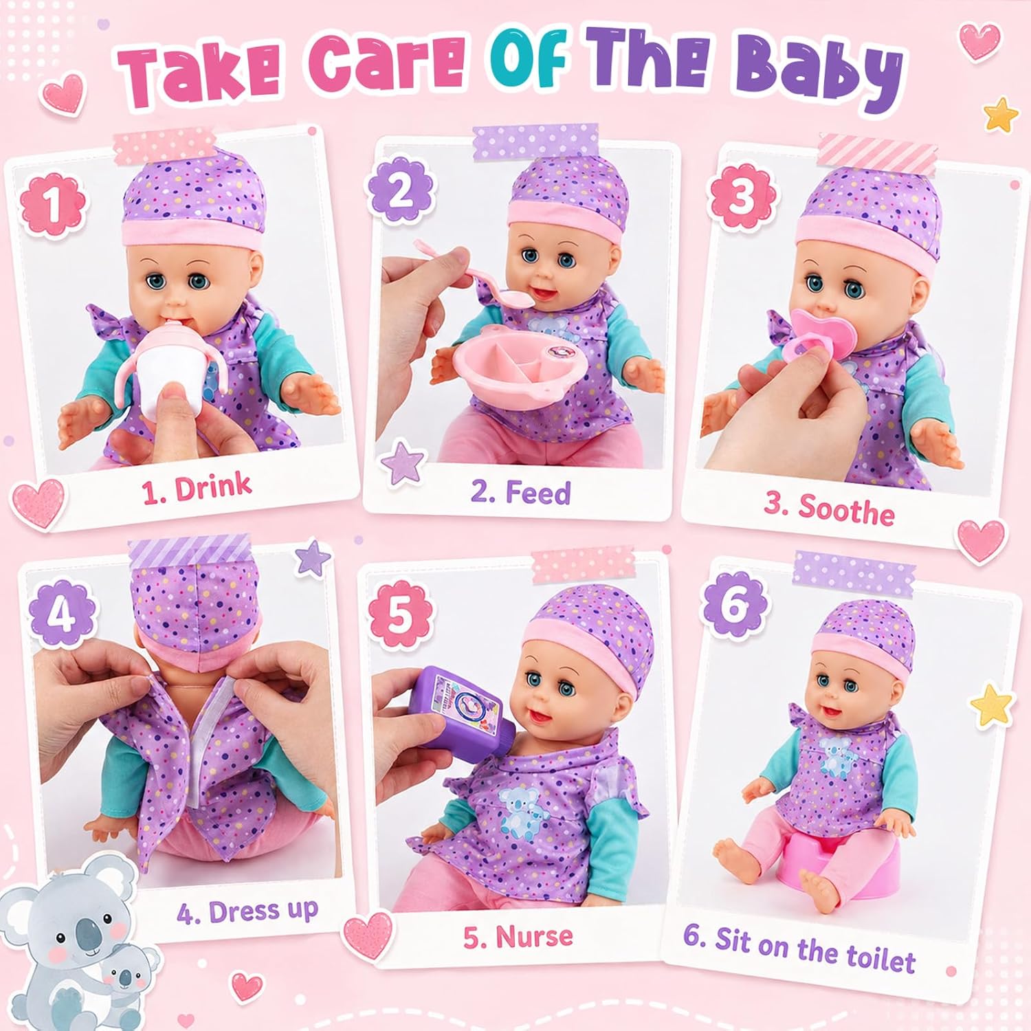 TUZT Baby Doll Stroller Playset for for 3 4 5 6 Year Old Girl, 12'' Baby Doll Grib Toys Set with 2 Clothes, Feeding Nursing Pretend Play Toddler Girl Toy Gift 3-5-7