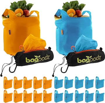 20 Sturdy Reusable Grocery Bags Made From RipStop Nylon Hold 50lbs - Reusable Shopping Bags Inside a Compact Pod with Carry Clip - Washable Grocery Shopping Bags - 10 Pack in Orange & 10 Pack in Blue