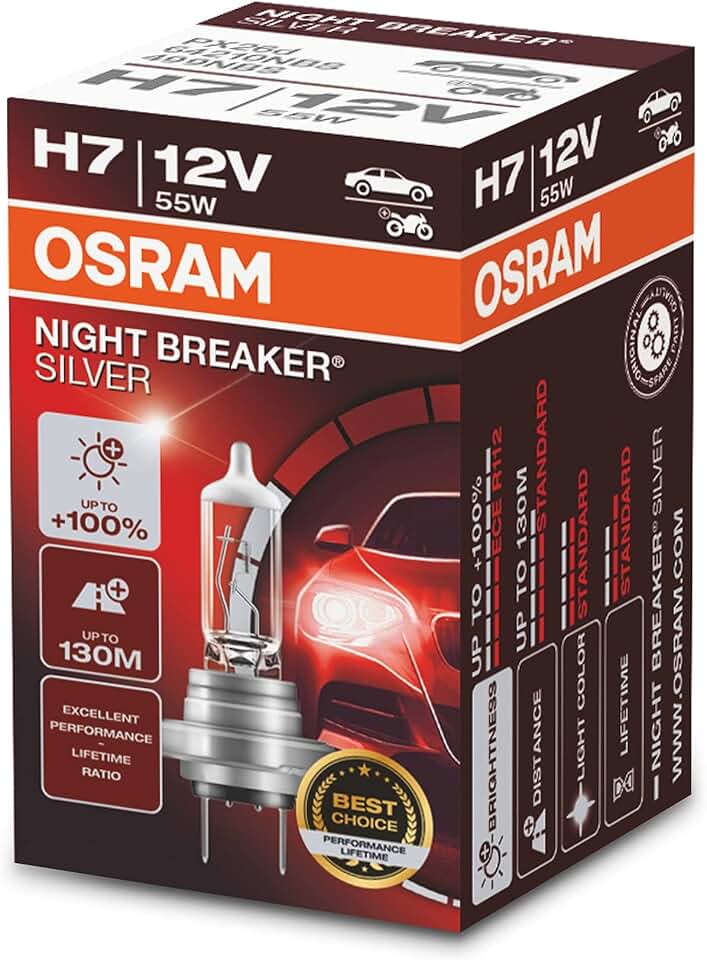 OSRAM NIGHT BREAKER SILVER H7, +100% mais brilho, farol de halogêneo, 64210NBS, 12V, carro de passageiros, caixa dobrável (1 lâmpada)