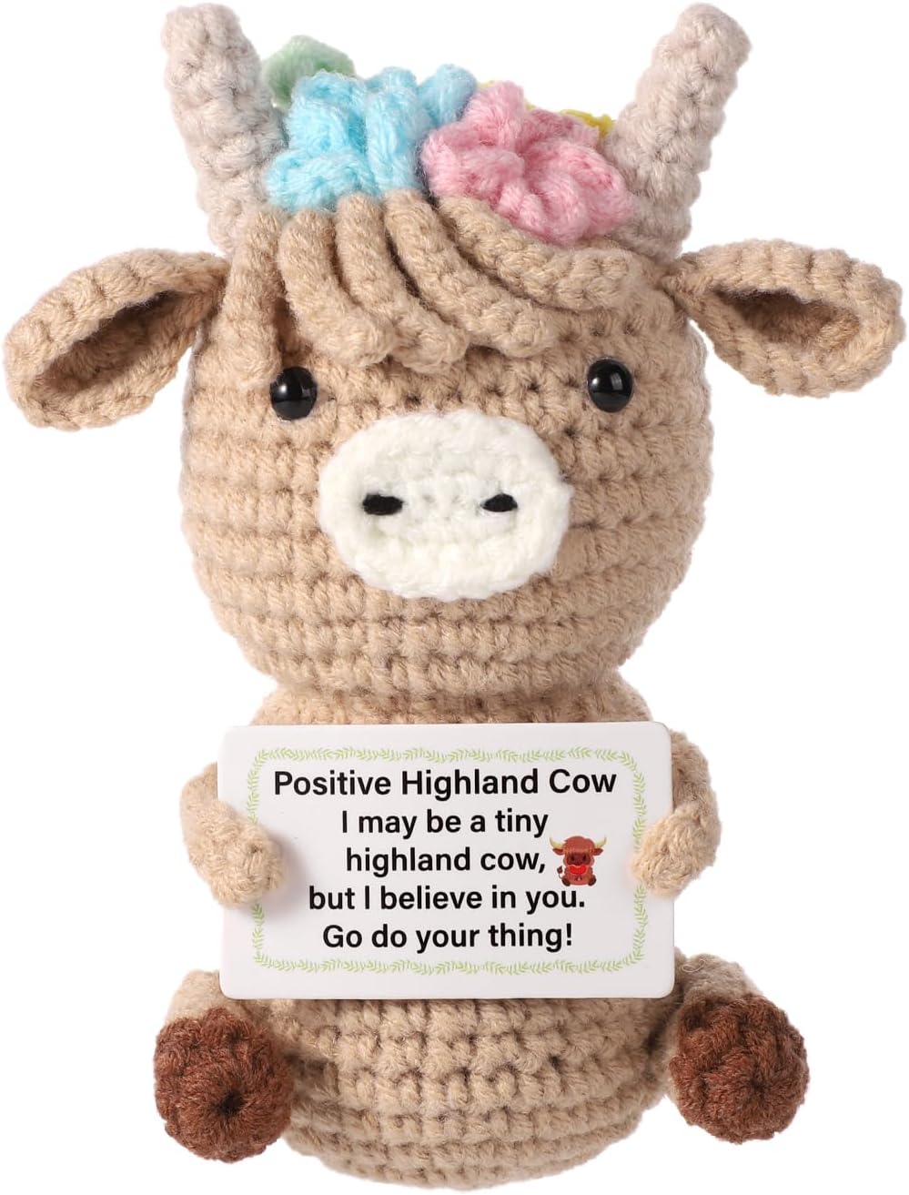 TOYMIS Knitted Highland Cow, Funny Cute Positive Animal Inspirational Potato Doll with Positive Card Uplifting Toy Gift for Friends Family Party Ornament Decoration