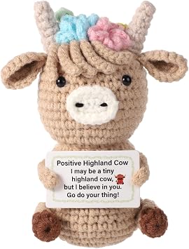 Knitted Crochet Positive Highland Cow Doll Toy with Positive Card
