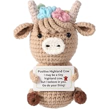 Knitted Highland Cow, Funny Cute Positive Cow Crochet Inspirational Knitted Doll with Positive Card Uplifting Knitted Toy Gift for Friends Family Party Decoration