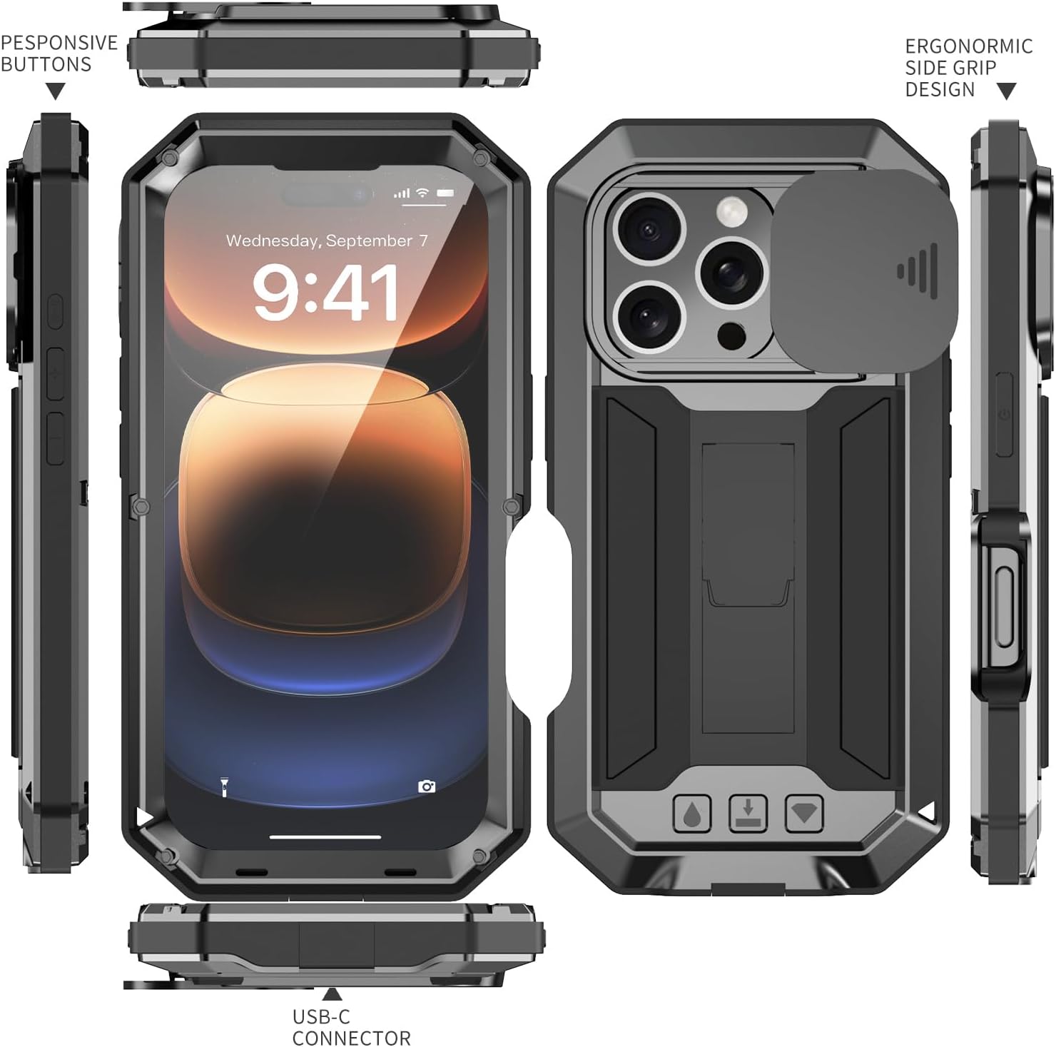 Compatible with iPhone 16 Pro Metal Heavy Duty Case with Camera Cover Stand Screen Protector Kickstand Full Body Military Sturdy Armour Armor Shockproof Dorp Test Protective Case (Black)