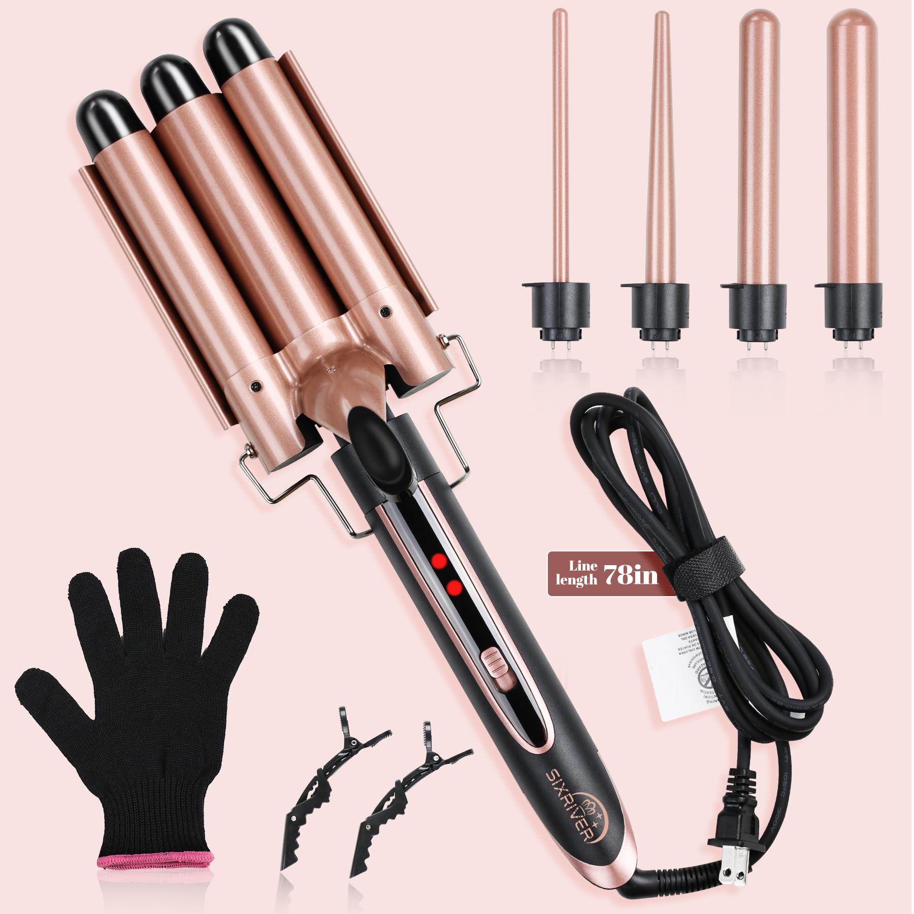Juego de rizador 5 en 1, varita rizadora con 3 barriles y 4 rizadores intercambiables, rizador de pelo de doble voltaje con control de temperatura de 2 LED para todo tipo de cabello, guantes 9