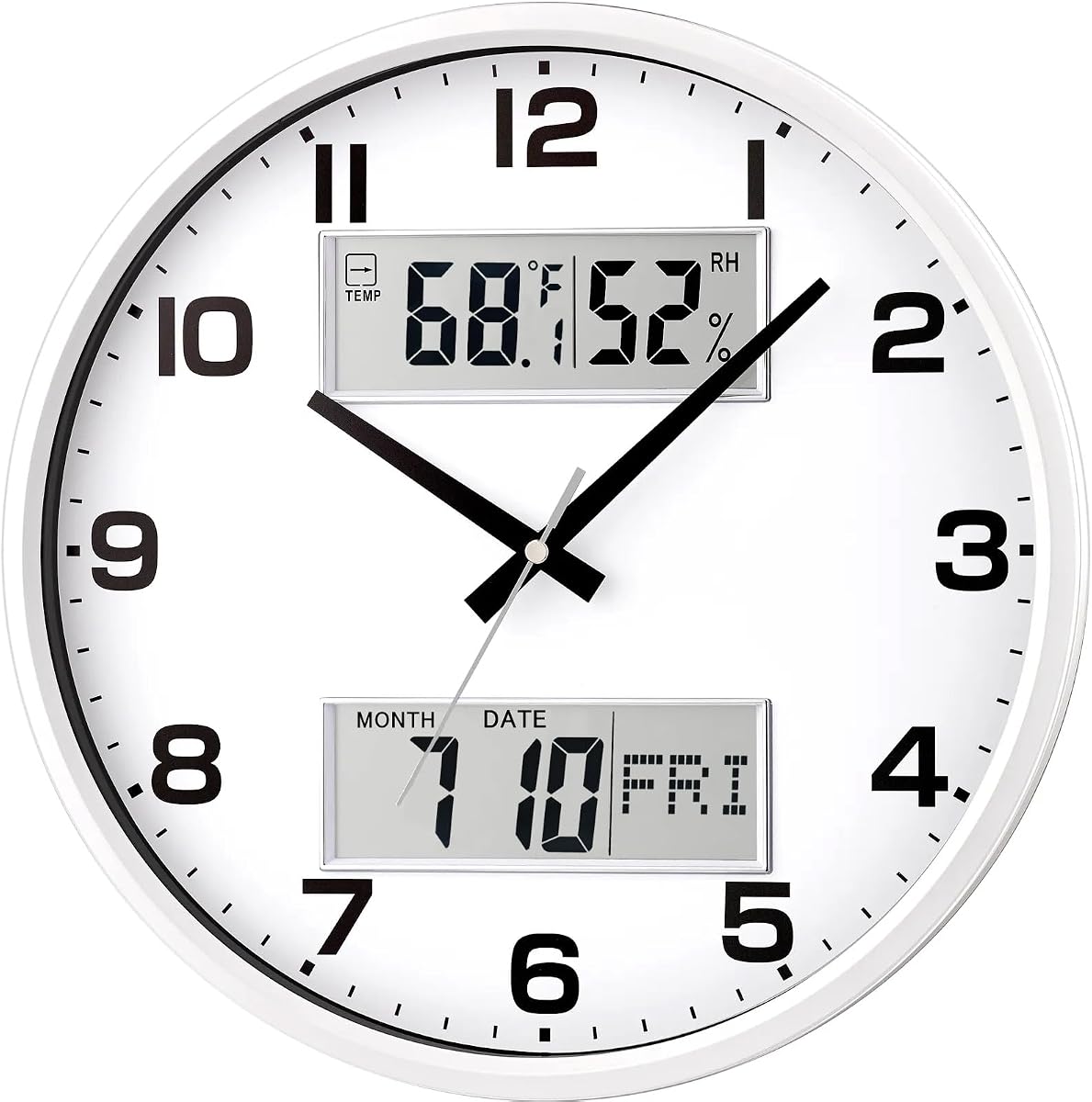 13" White Battery Powered Silent Wall Clock with Calendar Temperature and Humidity H-7326