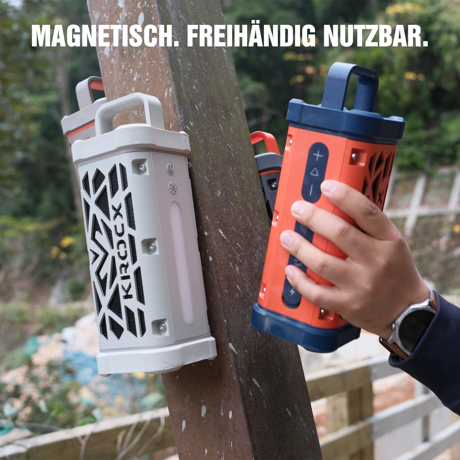 TRAVOR Magnet Bluetooth Lautsprecher aus Aluminium für Garage, Heimwerker | TWS & Bass Boost für Camper, Werkstatt & Baustelle IP68 gegen Regen, Staub & Schlamm 25 Std. Akku für Arbeit, Reise & Outdoor