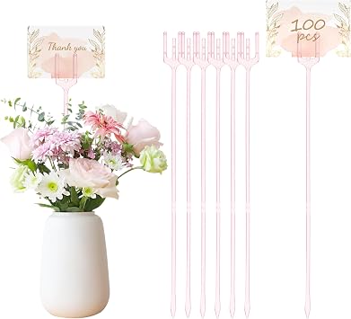 100 Pcs ClearPink Floral Picks 12.2in Card Holder for Bouquet Photo Decor