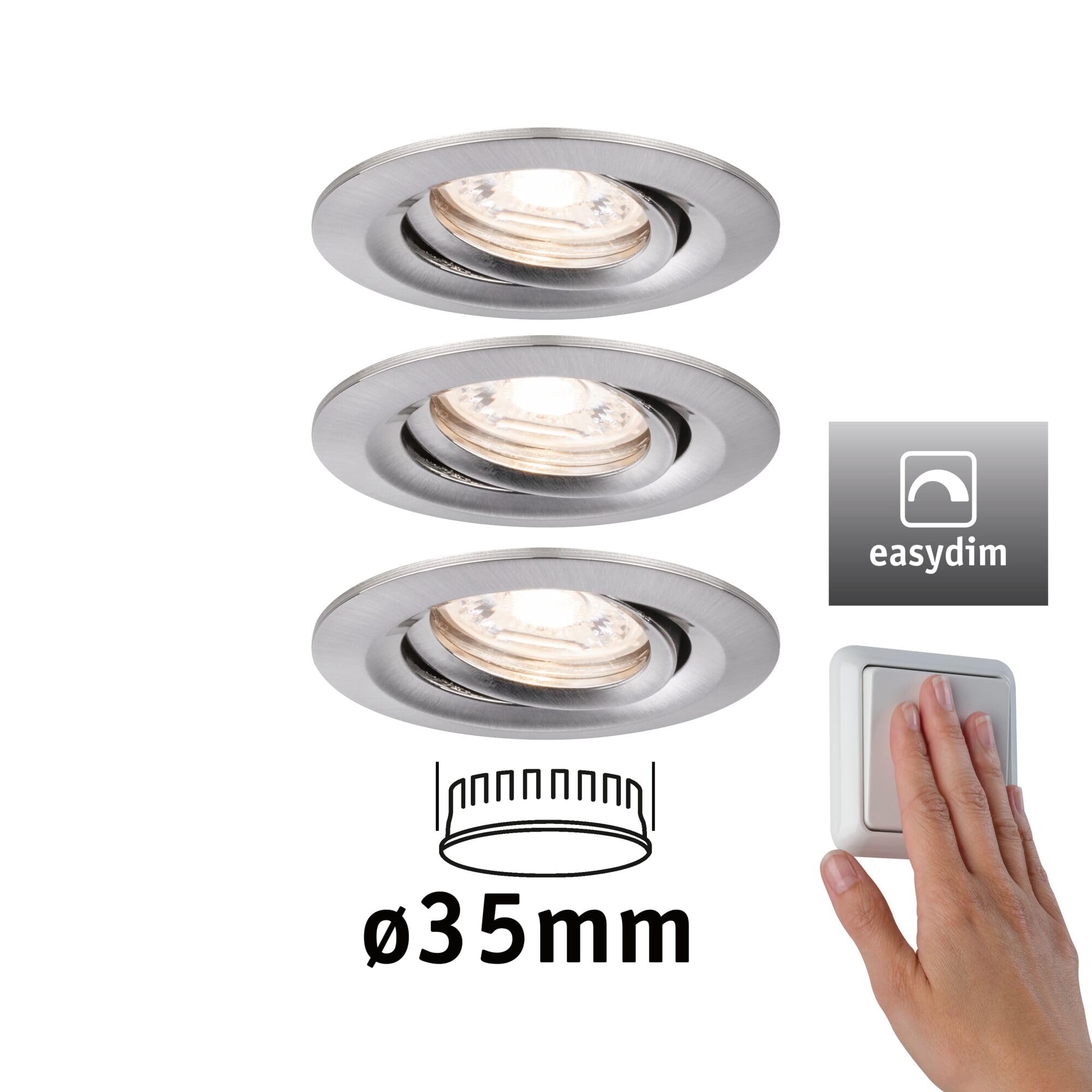 Paulmann 92973 Nova Mini Plus LED Einbauleuchte Coin 3er Set rund schwenkbar 3x4,2W EasyDim dimmbar Eisen gebürstet Aluminium Warmweiß 2700K, 126 W