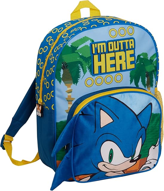 Sonic The Hedgehog Backpack For Kids Large School Bag Sega Gold Rings Travel Rucksack Sports Bag with Drinks Holder