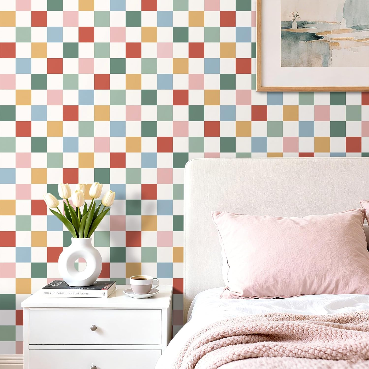 LACHEERY 17.5"x275" Retro Checkered Peel and Stick Wallpaper Checkered Contact Paper Green Pink Blue Removable Wall Paper Colorful Checkerboard Wallpaper for Bathroom Kids Bedroom Walls Cabinets Desk