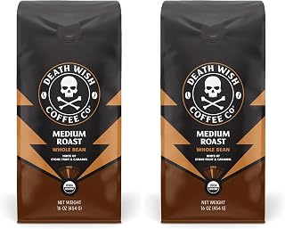 Death Wish Coffee, Organic and Fair Trade, Medium Roast, Whole Bean Coffee, 16 oz (Pack of 2)