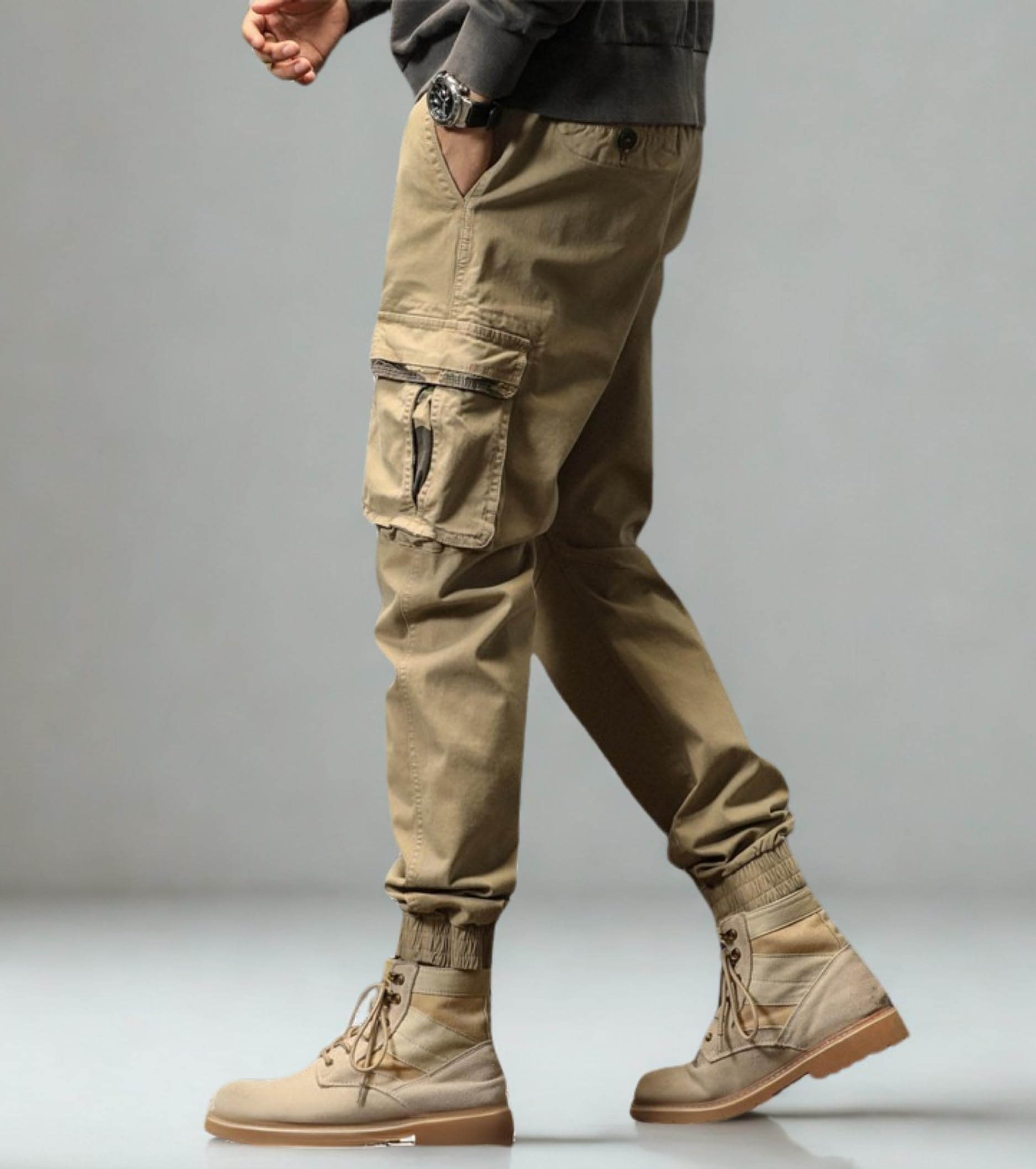 L'MONTE Imported Cargo Joggers for Men | Cotton Cargo Pants for Men | Slim Fit Casual Jogger Pants | Elastic Waist Stretch Trousers(32,Khaki) 4