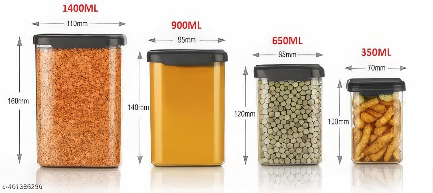 Plastic 1400Ml Containers Set For Kitchen Storage And Containers Box For Pantry Organization And Container For Kitchen Storage, Set of 12 - (350ml+650ml+950ml) 4 pcs each with spoon