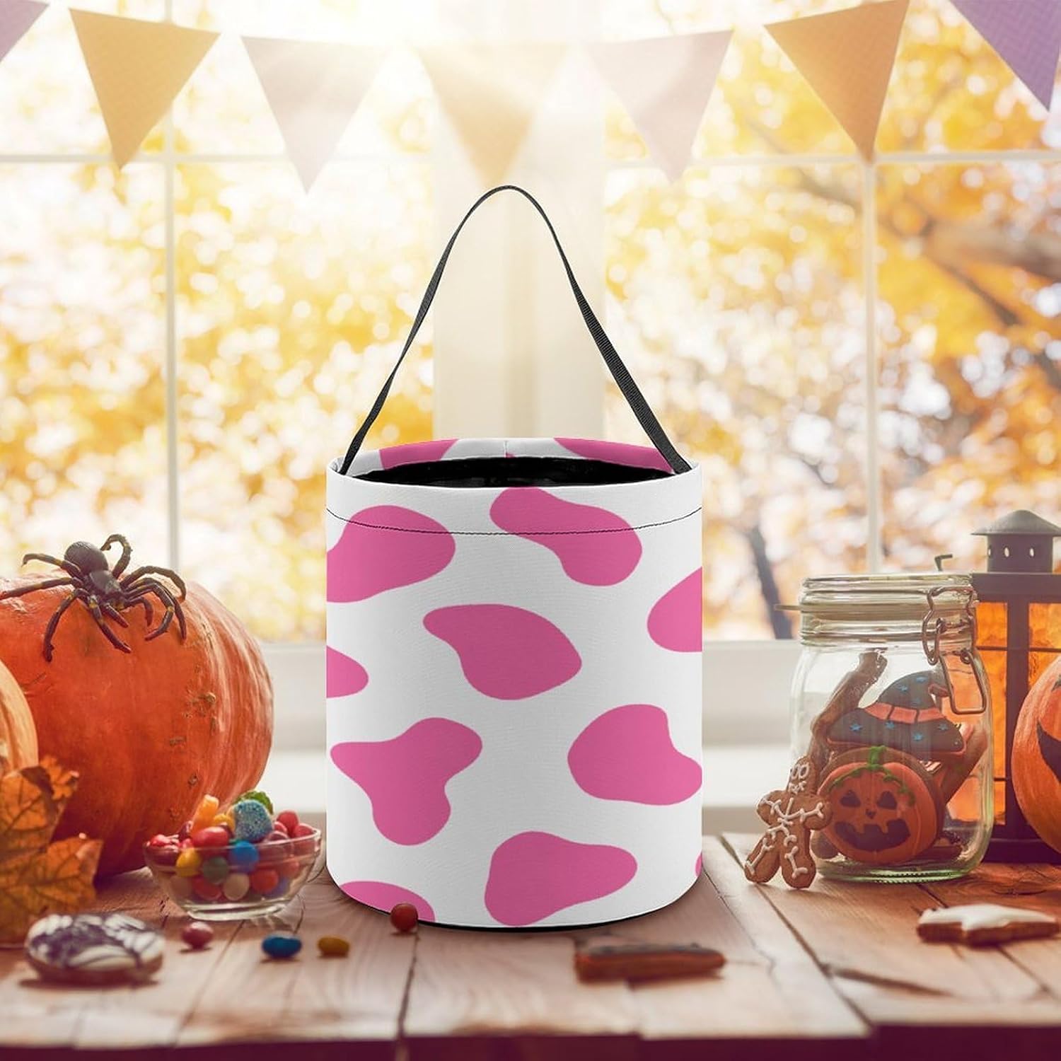 Pink Color Blocks Halloween Trick Or Treat Bucket Candy Tote Hand‑held Pouch for Cosplay Theme Party Gift Storage image 5