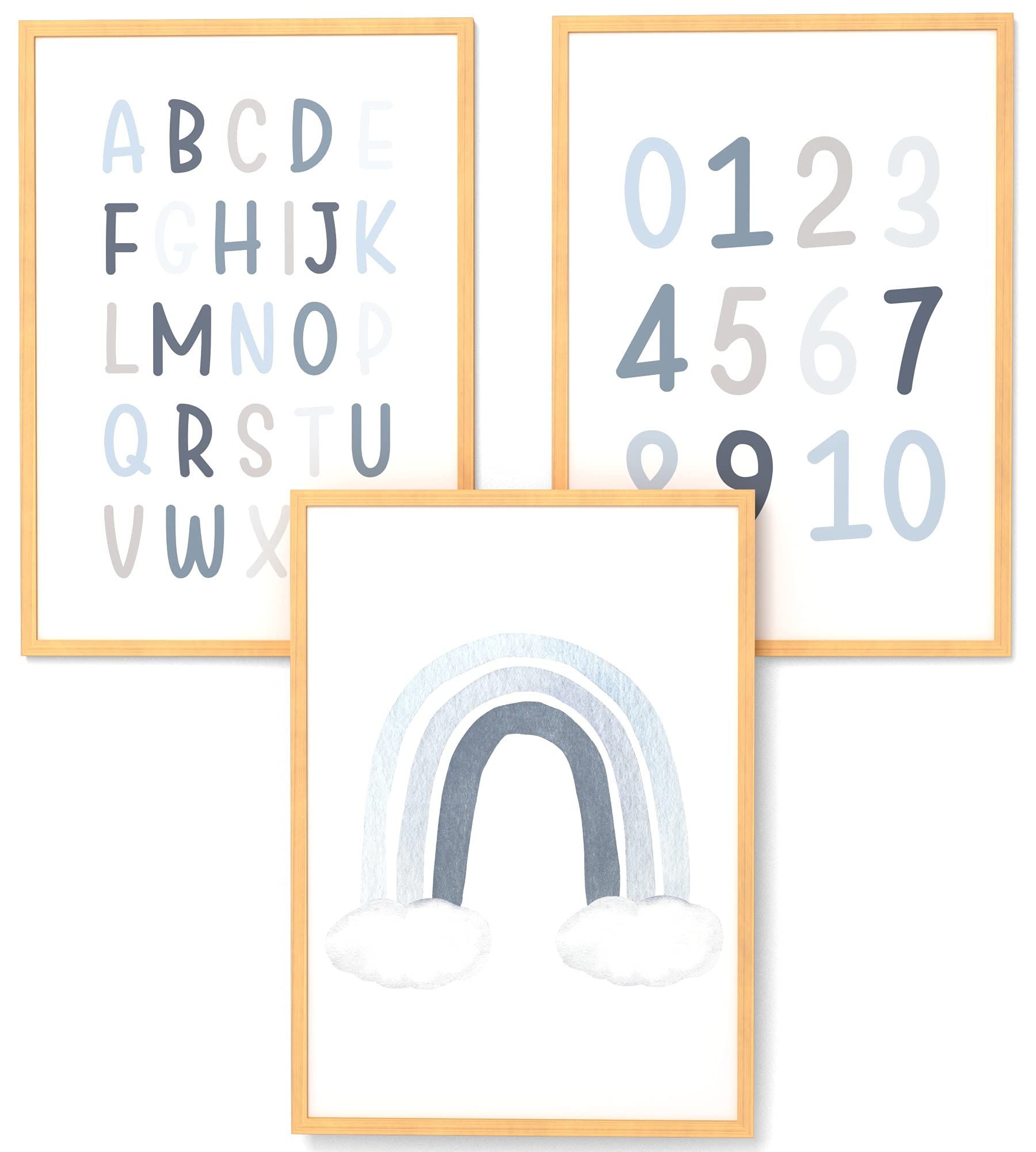 Lot de 3 posters d'apprentissage, A3 (30x42 cm) encadré d'un cadre en bois naturel, cadeau pour garçons chambre d’enfant Préscolaire, lettres de l'alphabet, chiffres ABC bleu arc-en-ciel