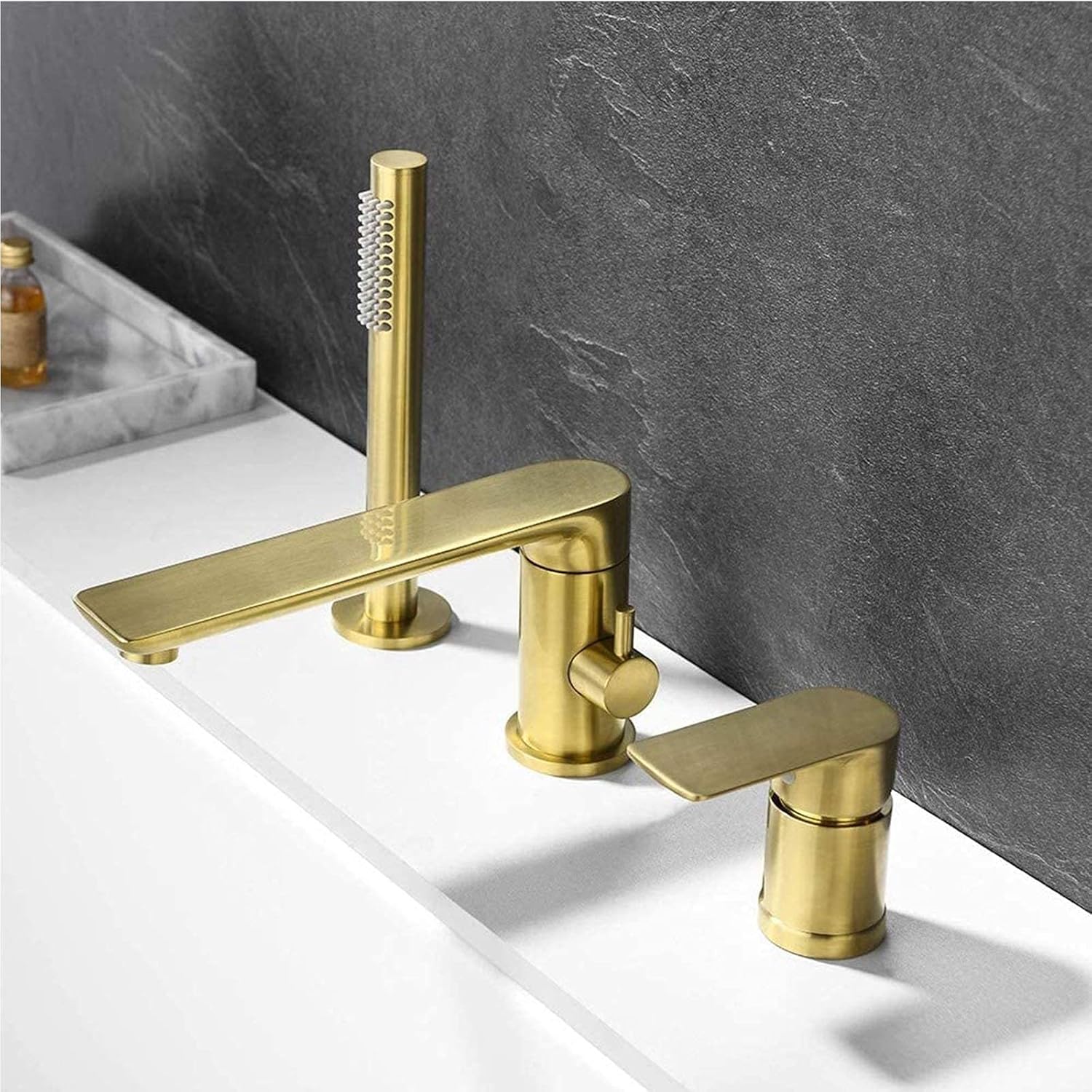 Roman Tub Filler Faucet Brushed Gold,Bathtub with Hand Shower,Solid Brass 3-Hole,Deck Mount Mixer Tap