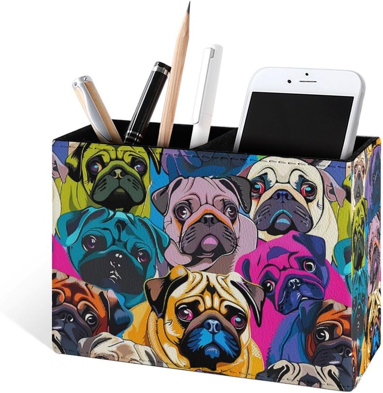 Famame Colorful Pug Dogs Funny Puppy Pencil Holder for Desk, Leather Desktop Container Pen Cup Storage Study Table Pen Organizer Makeup Brushes Holder for Office Home image 4