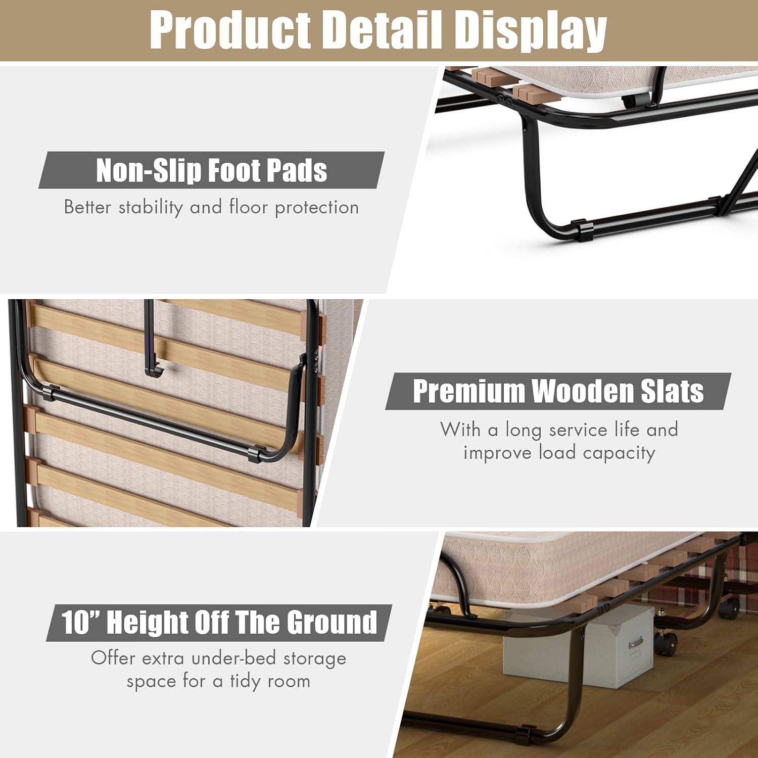Folding Bed with 4 Inch Mattress, Cot Size Small Single Portable Bed Set w/Metal Bed Frame, Foldable Bed Cot w/Memory Foam Mattress & Wheels, Rollaway Guest Bed (Wooden Slats, Beige)