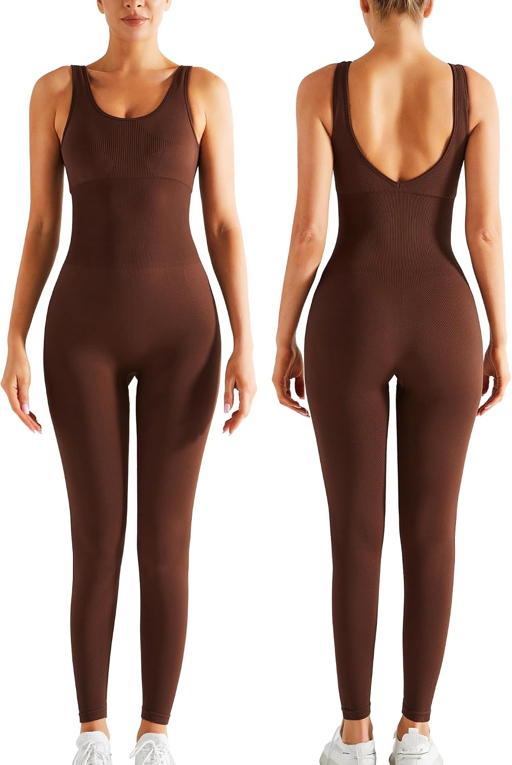 RUNNING GIRL Black Jumpsuits for Women Ribbed Backless Sexy One Piece Outfits Tummy Control Unitard Bodysuit Athletic Rompers