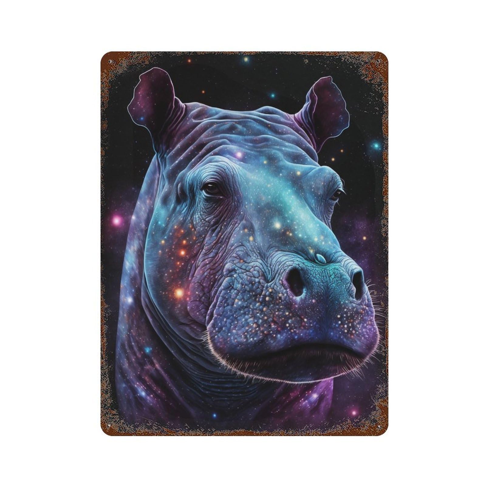 Cosmic Hippo Portrait-7 Distressed Metal Wall Sign 15.7"x11.8", Ideal for Cafe, Home Bar And Lounge Decor
