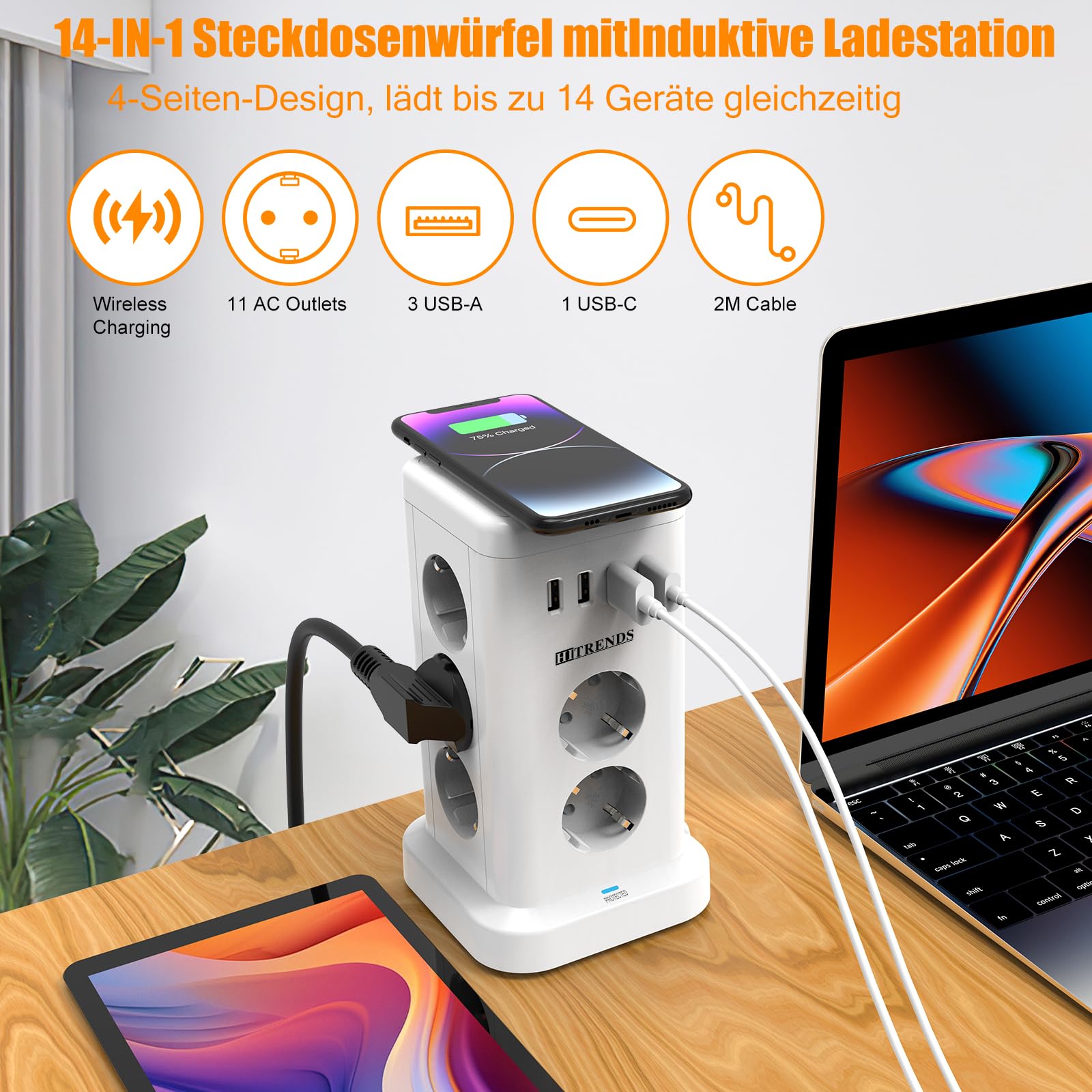 Presa multipla con caricatore wireless da 15 W e 11 connettori (Schuko + USB) Protezione da sovratensione, commutabile, cavo di prolunga 2 m, bianco, cucina/ufficio