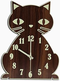 Cat Wall Clock Glow in The Dark - Silent Wooden Farmhouse Clock for Bedroom, Living Room - Cute Luminous Animal Decor Gift for Cat Lovers, Kids, Housewarming