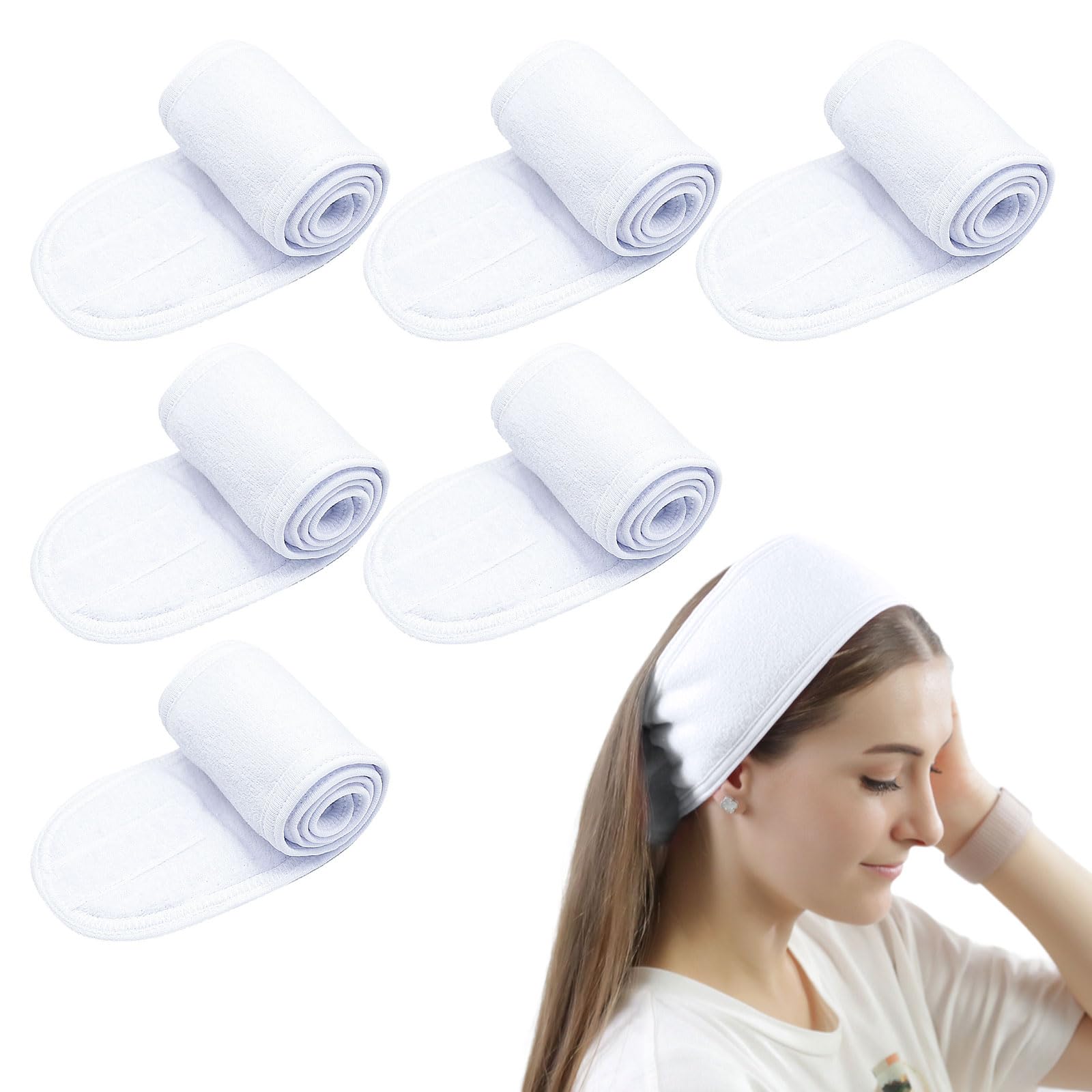 TUONYIS 6 Pcs Spa Facial Headband,Facial Women Makeup Hairband,Skincare Hair Band Towel Headband With Adjustable Magic Sticker (White