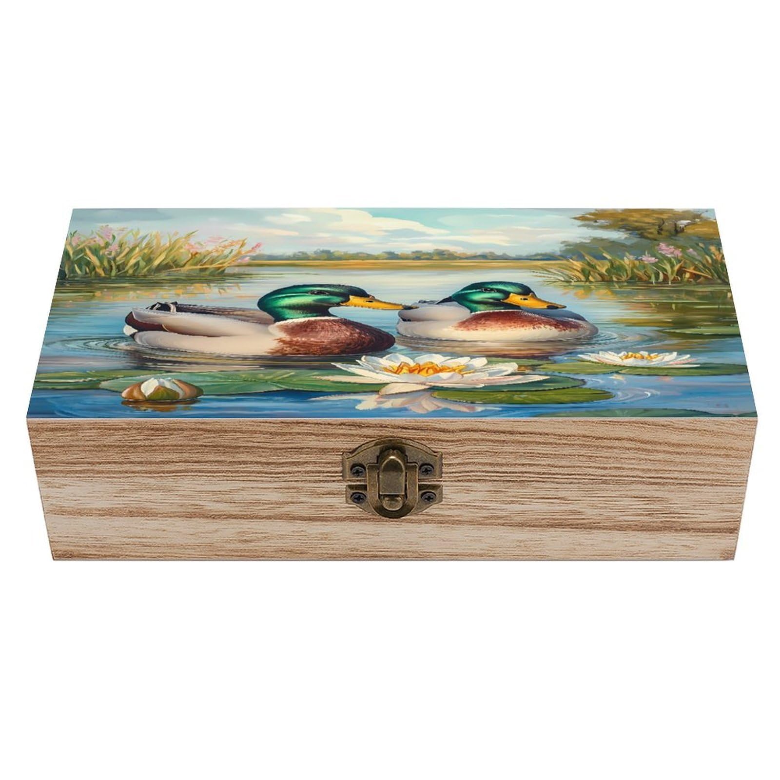 HLBSDM Mallard Ducks Wooden Storage Box with Front Clasp Vintage Keepsake Boxes for Jewelry Decorative Gift Ideas for Men Women