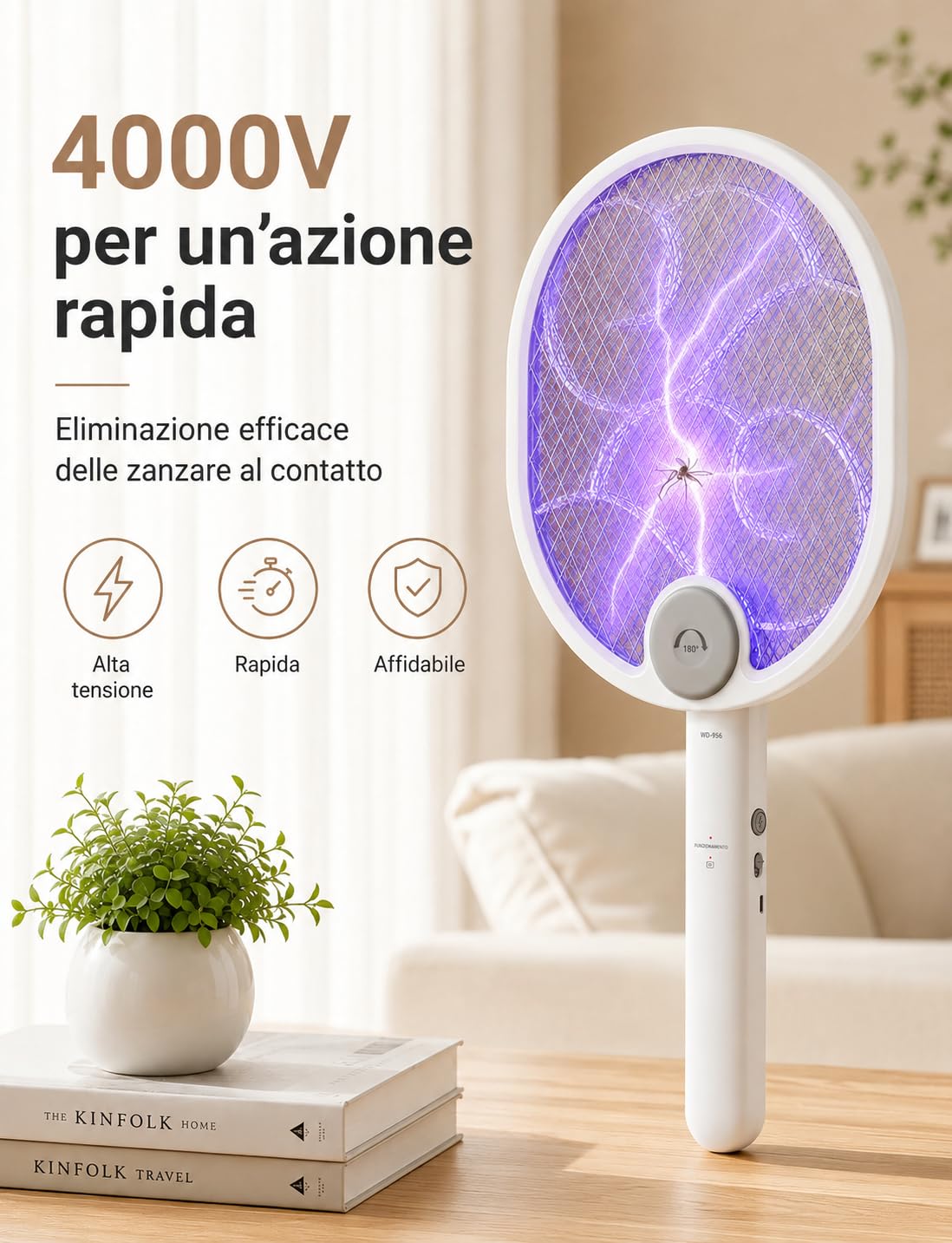 WOCVRYY Racchetta Zanzare Elettrica Pieghevole 4000V 1800mAh 3 in 1 Scacciamosche Elettrico USB Ricaricabile Palette Schiacciamosche e Luce LED Adatto per Interni ed Esterni